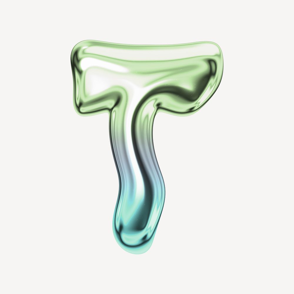 Letter T, holographic fluid chrome font illustration