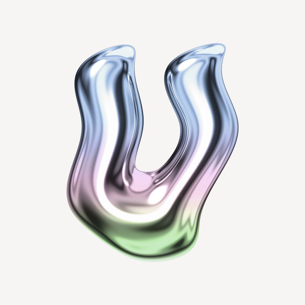 Letter U, holographic fluid chrome font illustration