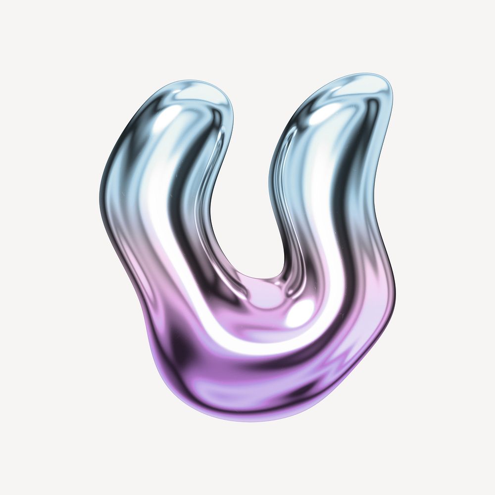 Letter U, holographic fluid chrome font illustration