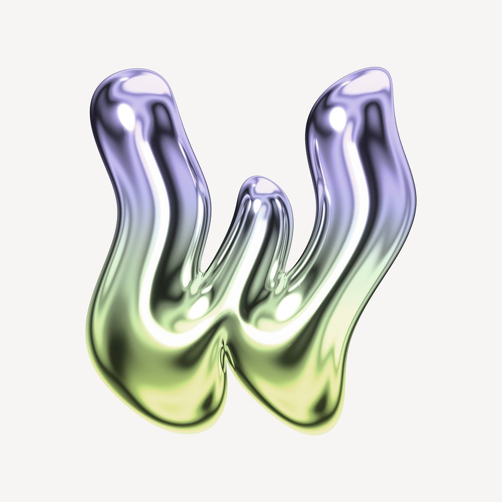 Letter W, holographic fluid chrome font illustration