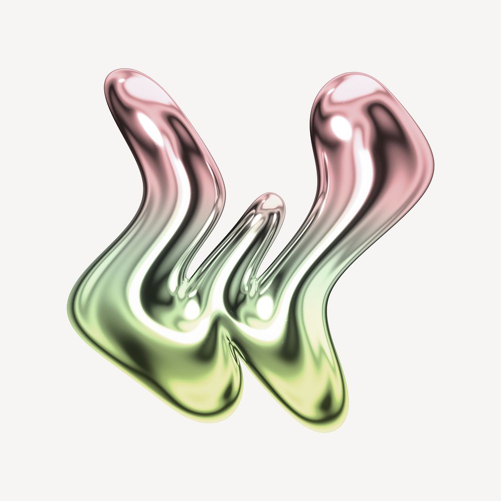 Letter W, holographic fluid chrome font illustration