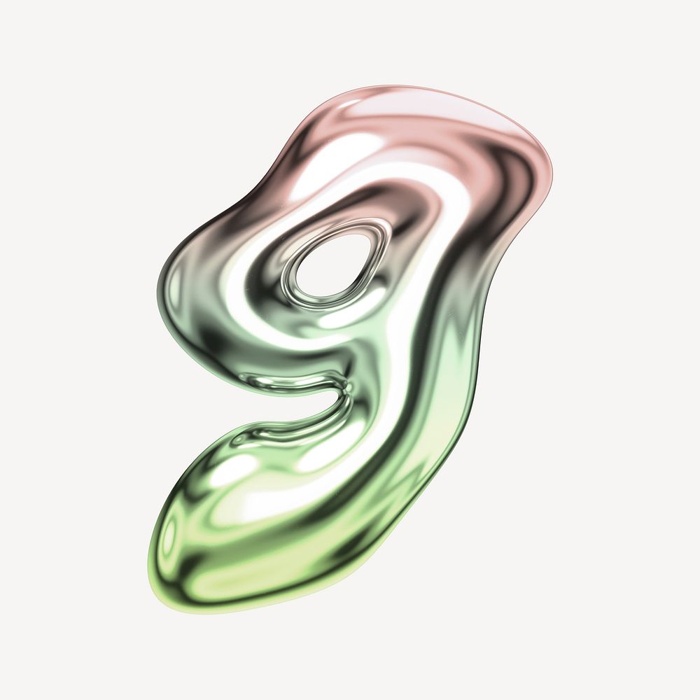 Number 9, holographic fluid chrome font illustration