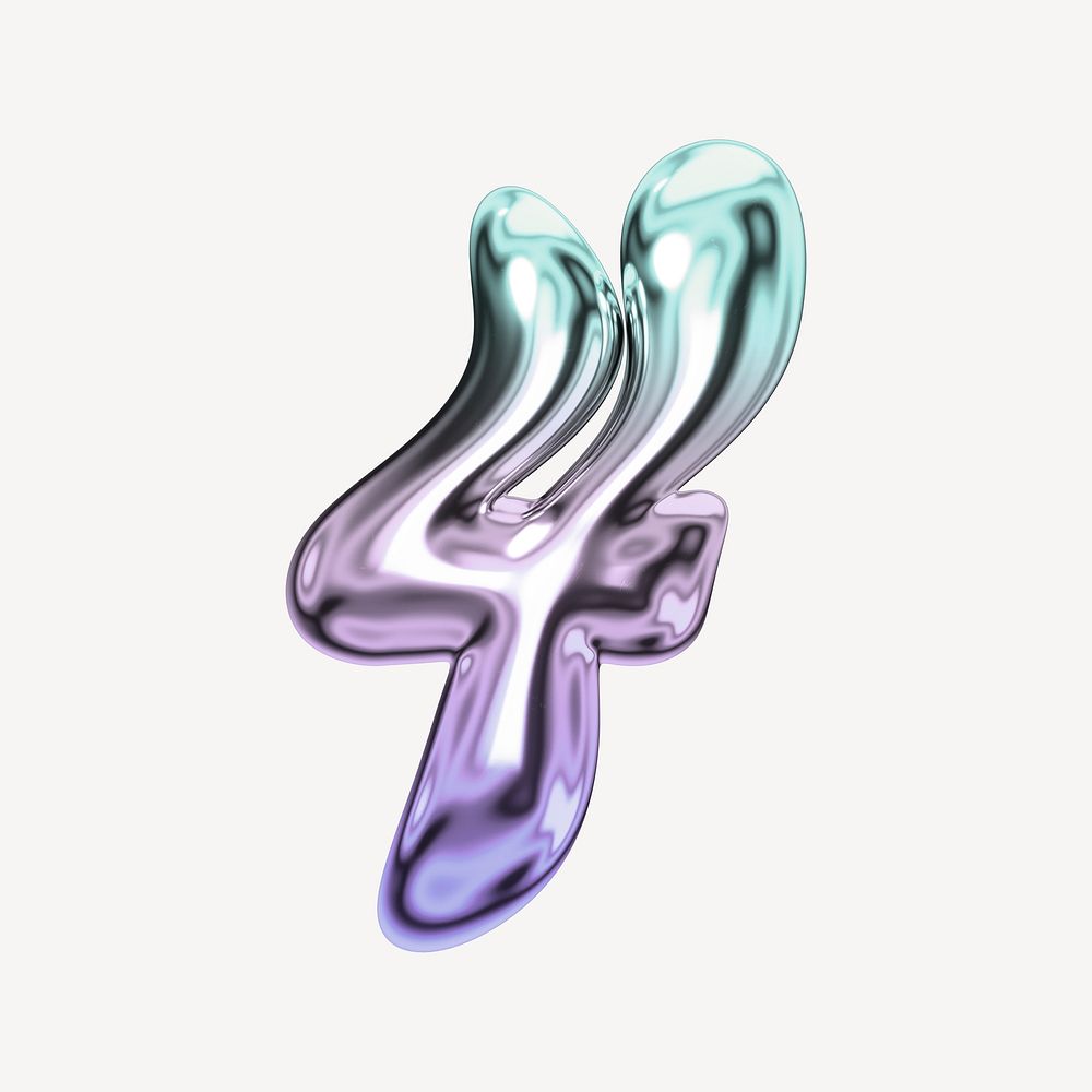 Number 4, holographic fluid chrome font illustration