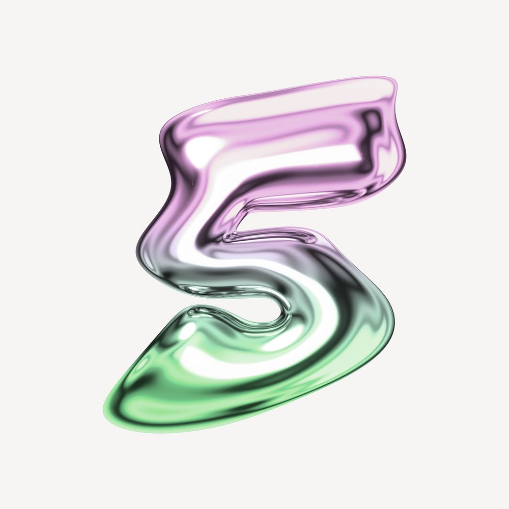 Number 5, holographic fluid chrome font illustration