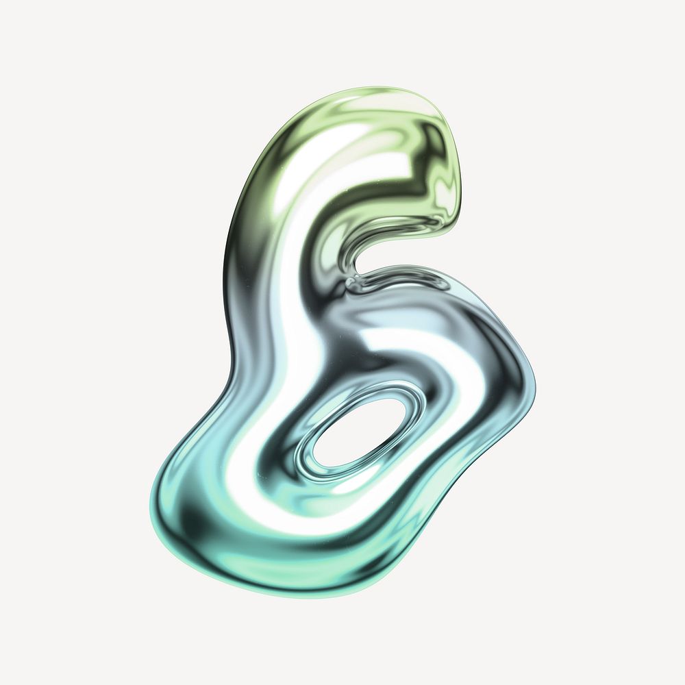 Number 6, holographic fluid chrome font illustration