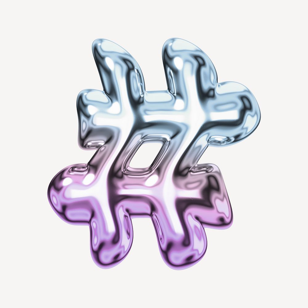 Hashtag sign, holographic fluid chrome symbol illustration