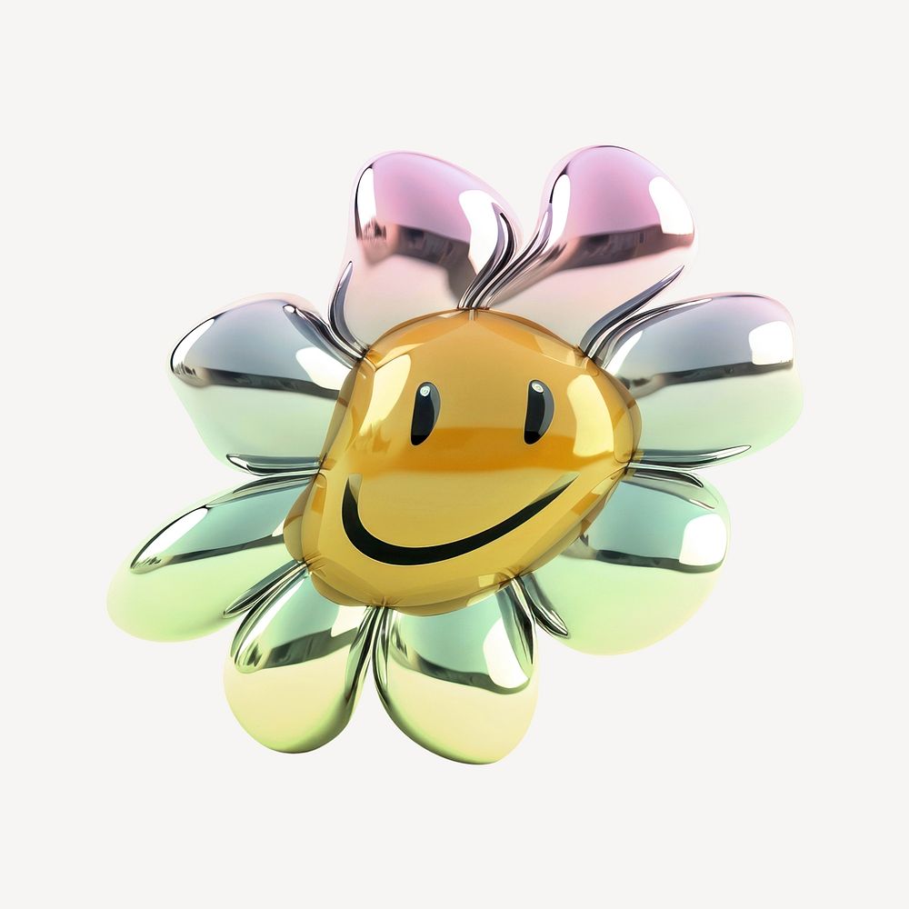 Smiling flower icon holographic fluid chrome shape illustration