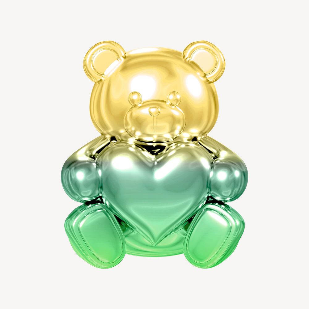 Teddy bear icon holographic fluid chrome shape illustration