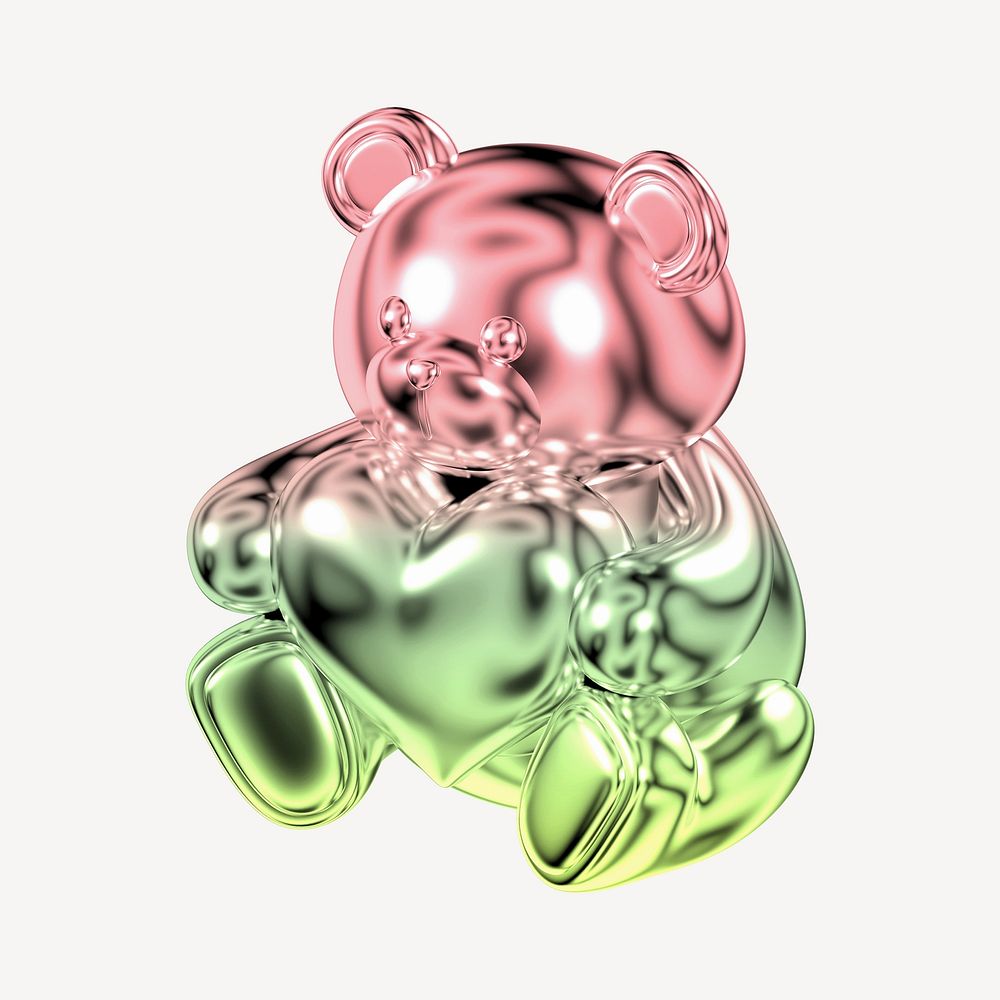 Teddy bear icon holographic fluid chrome shape illustration