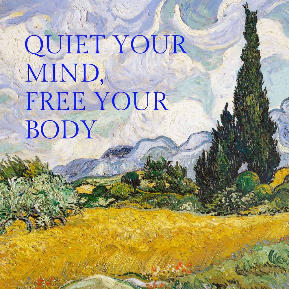 Quiet mind Facebook post template Van Gogh's Wheat Field with Cypresses remixed by rawpixel
