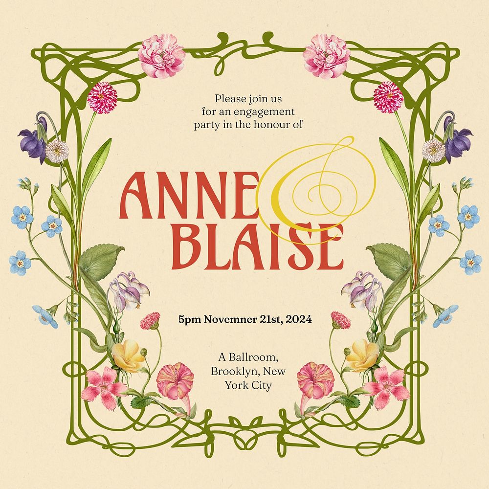 Floral invitation Instagram post template  Art Nouveau design remixed by rawpixel
