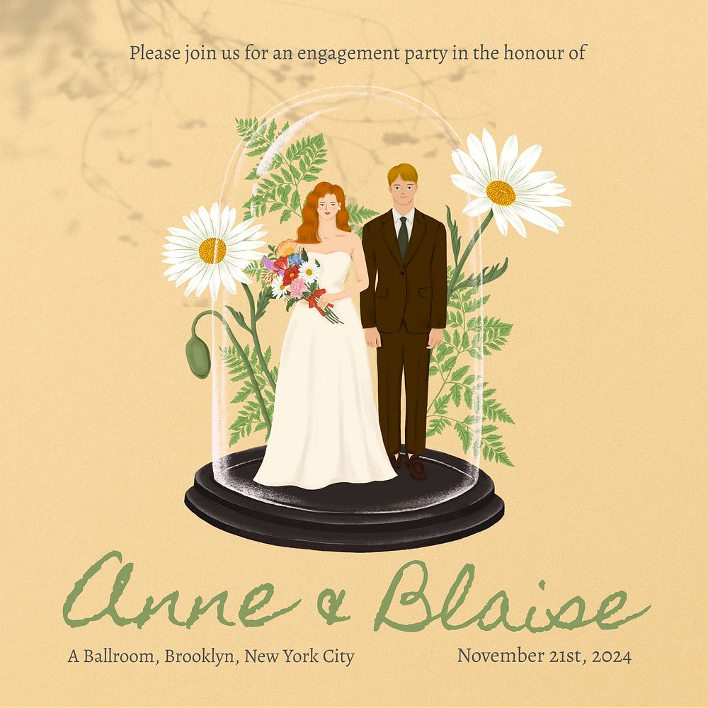 Wedding card Instagram post template, editable digital painting remix