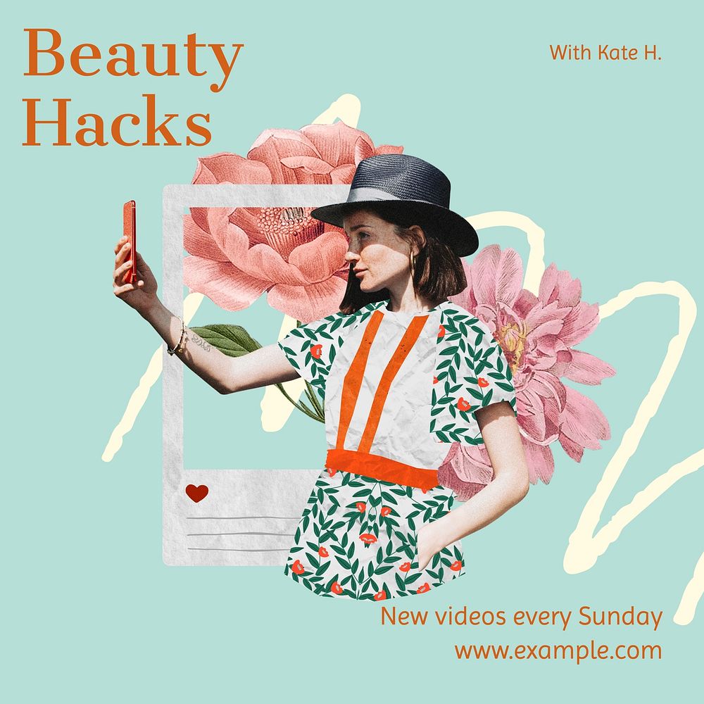 Beauty hacks Instagram post template, editable text