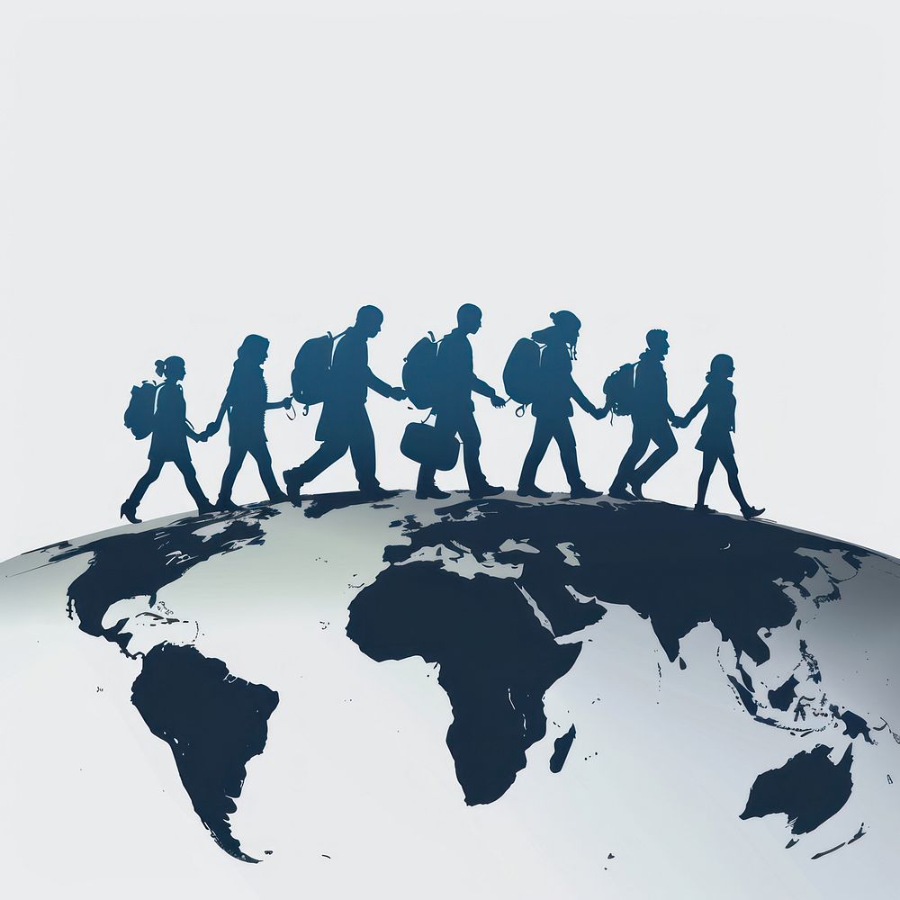 Refugee people holding hands and walking silhouette backpack person.