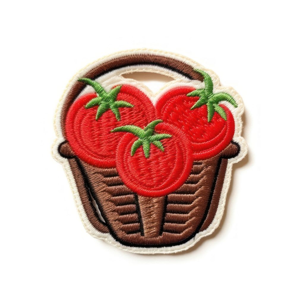 Felt stickers of a single tomatoes in basket symbol confectionery dessert.