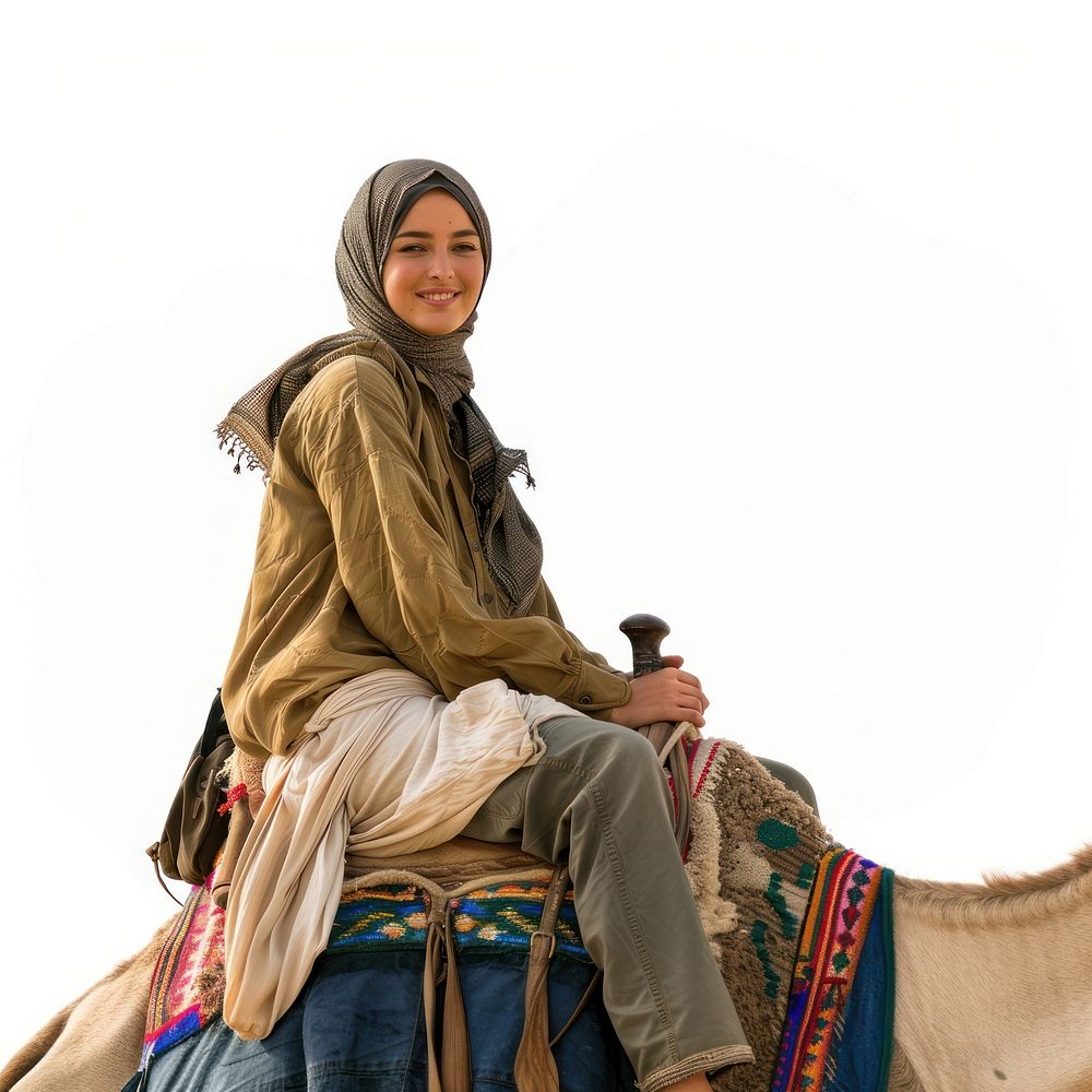 Middle east female Traveler riding camel clothing apparel person.