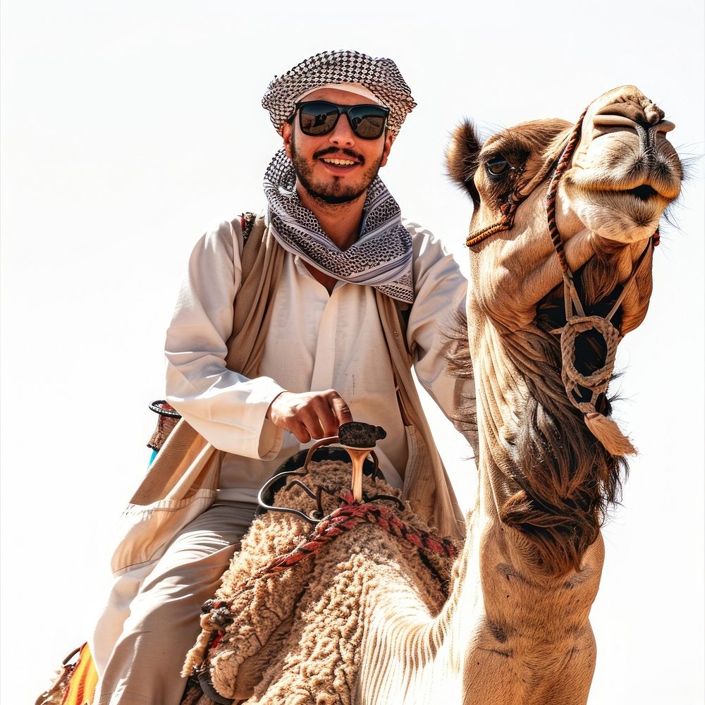 Middle east male Traveler riding camel clothing apparel people.