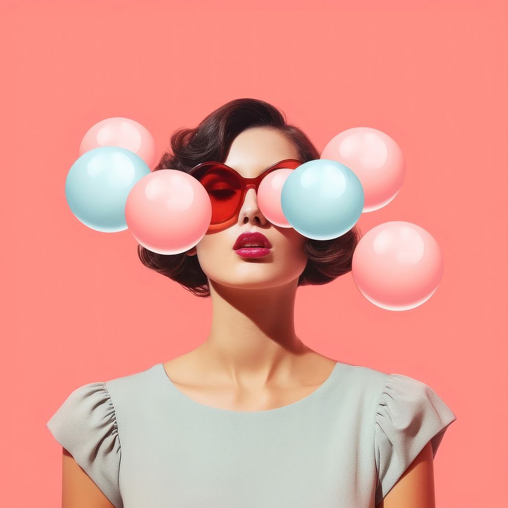 Collage Retro dreamy of minimal bubble gum photography portrait balloon.