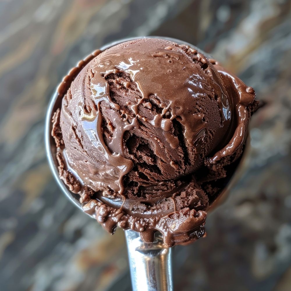 A chocolate ice cream scoop dessert sundae creme.