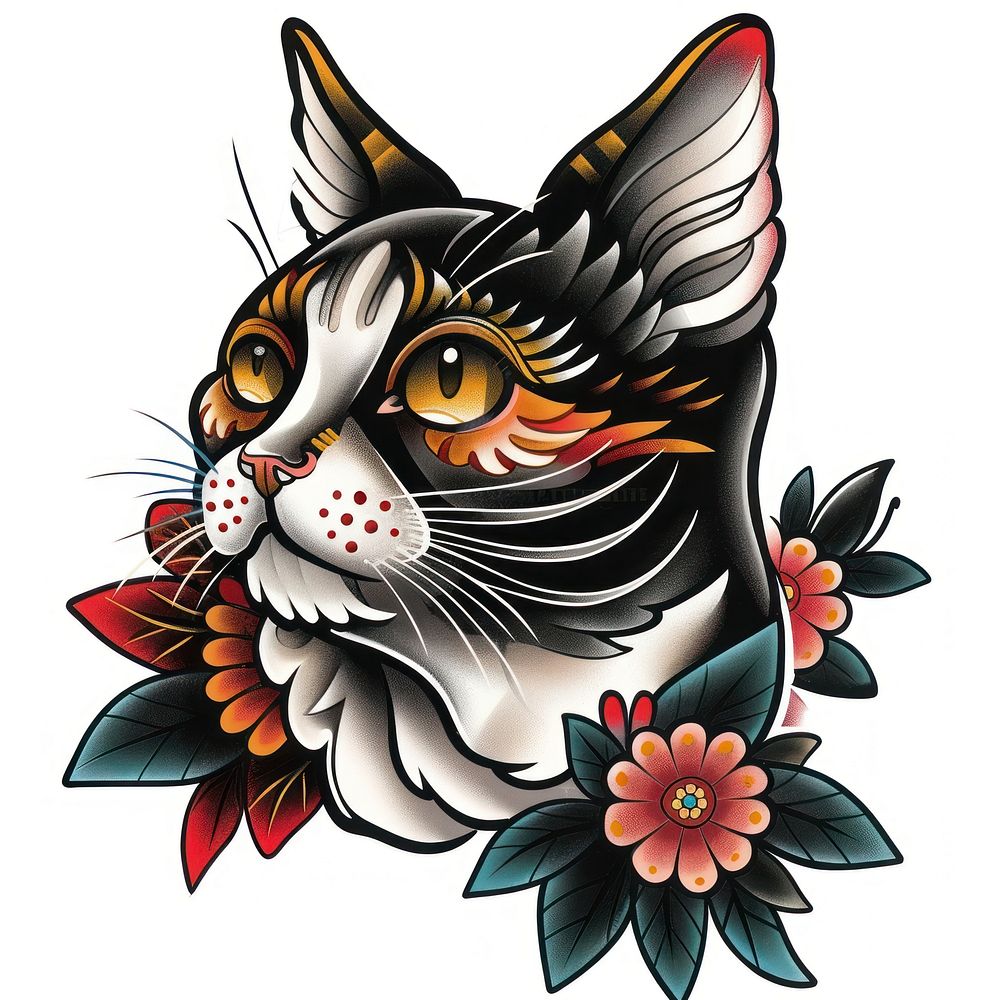 Tattoo illustration of a cat graphics pattern blossom.