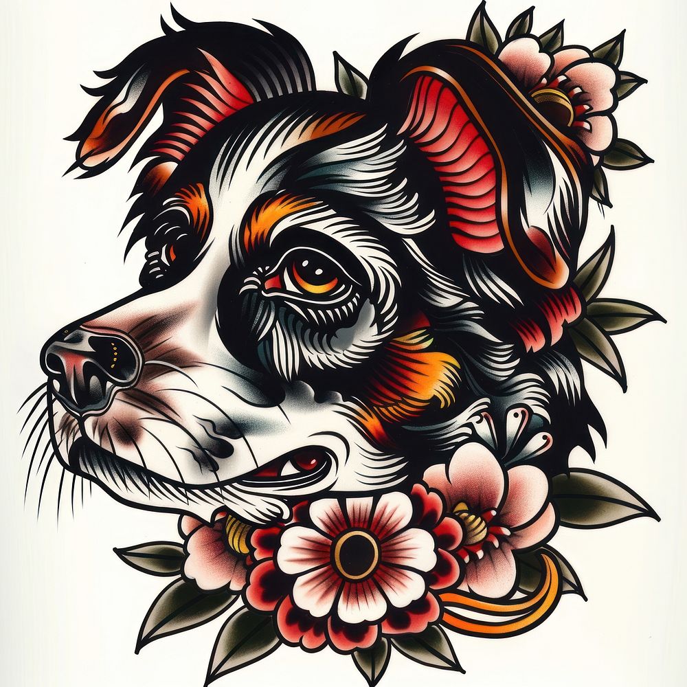 Tattoo illustration of a dog illustrated graphics painting.