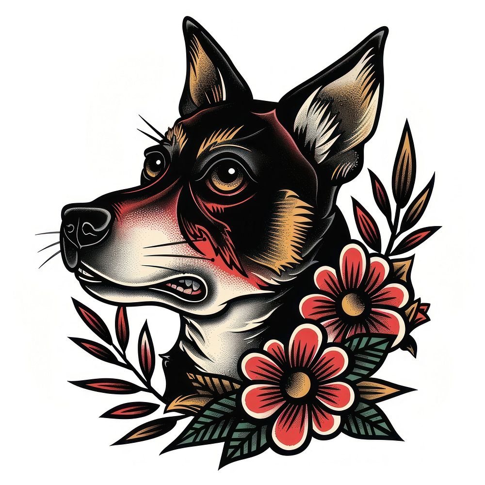 Tattoo illustration of a dog graphics pattern blossom.