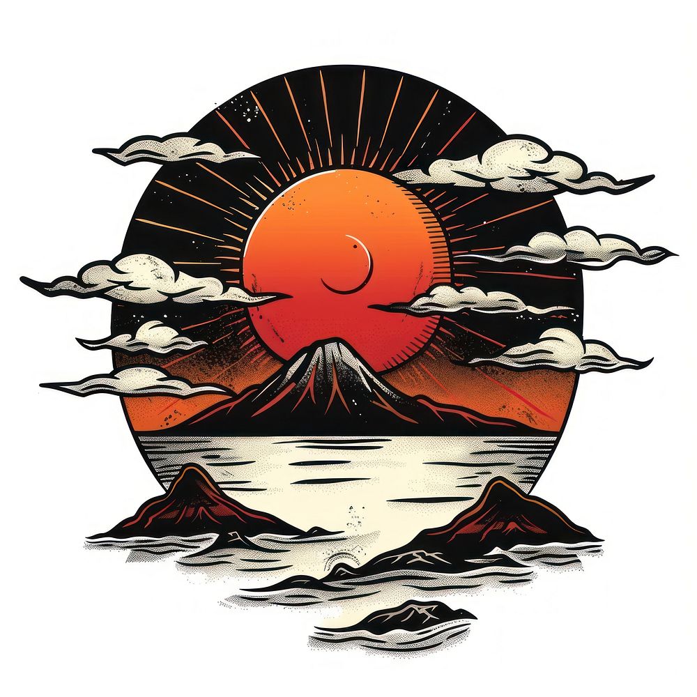 Tattoo illustration of a sunset mountain outdoors eruption.