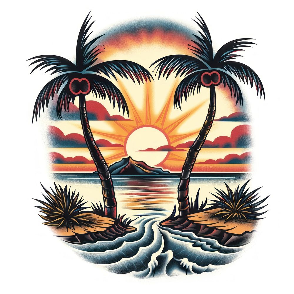 Tattoo illustration of a sunset arecaceae outdoors painting.