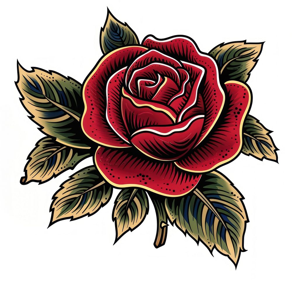 Tattoo illustration of a red rose graphics blossom pattern.