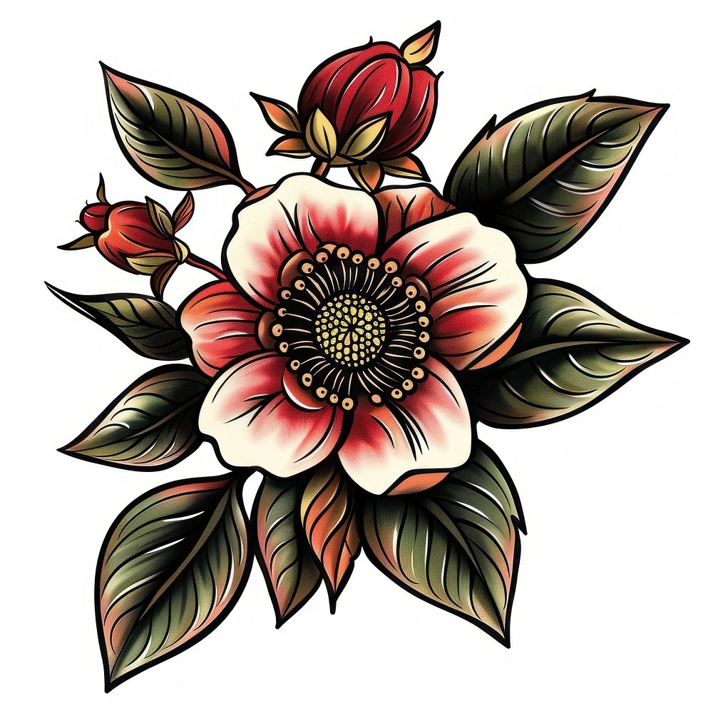 Tattoo illustration of a retro graphics blossom pattern.
