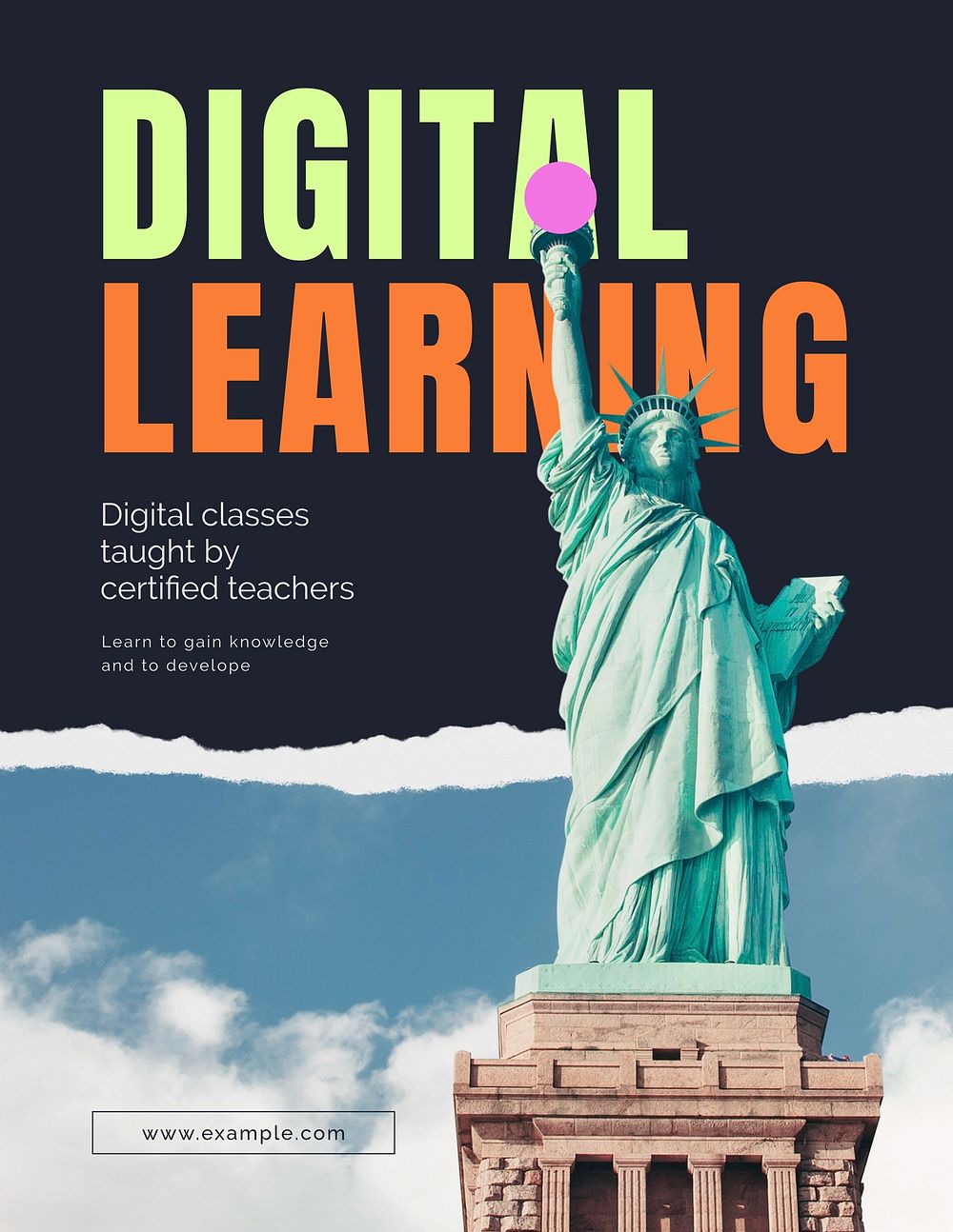 Digital learning flyer editable template, Statue of Liberty photo