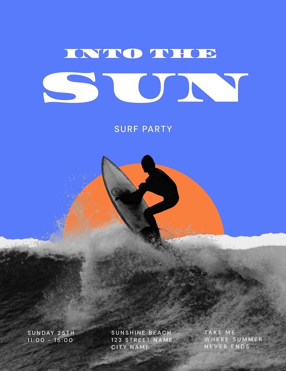 Surfing aesthetic flyer editable template, sunset remix