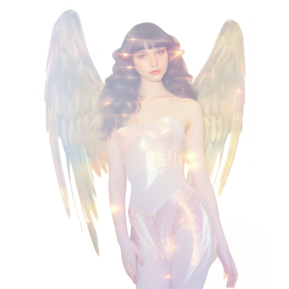 Holographic angel ripped paper archangel weaponry person.