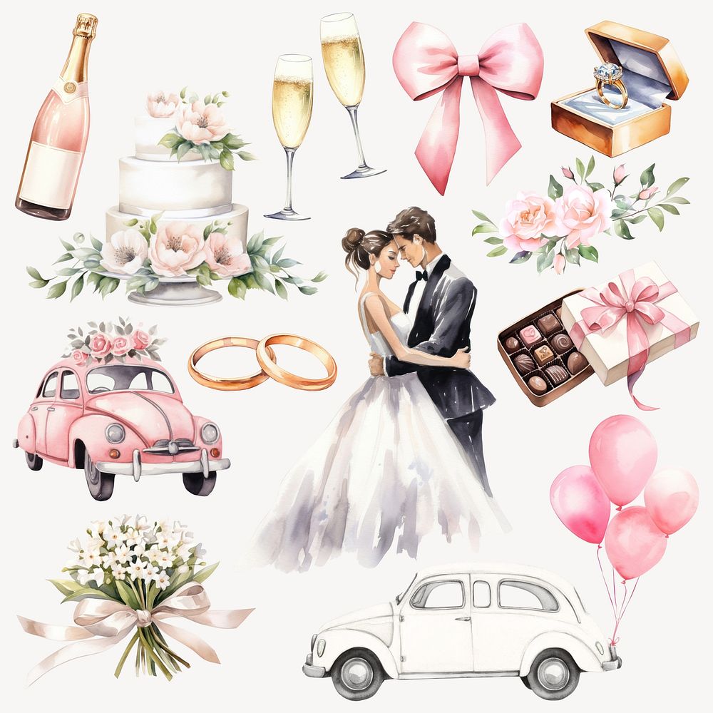 Watercolor wedding elements isolated image set