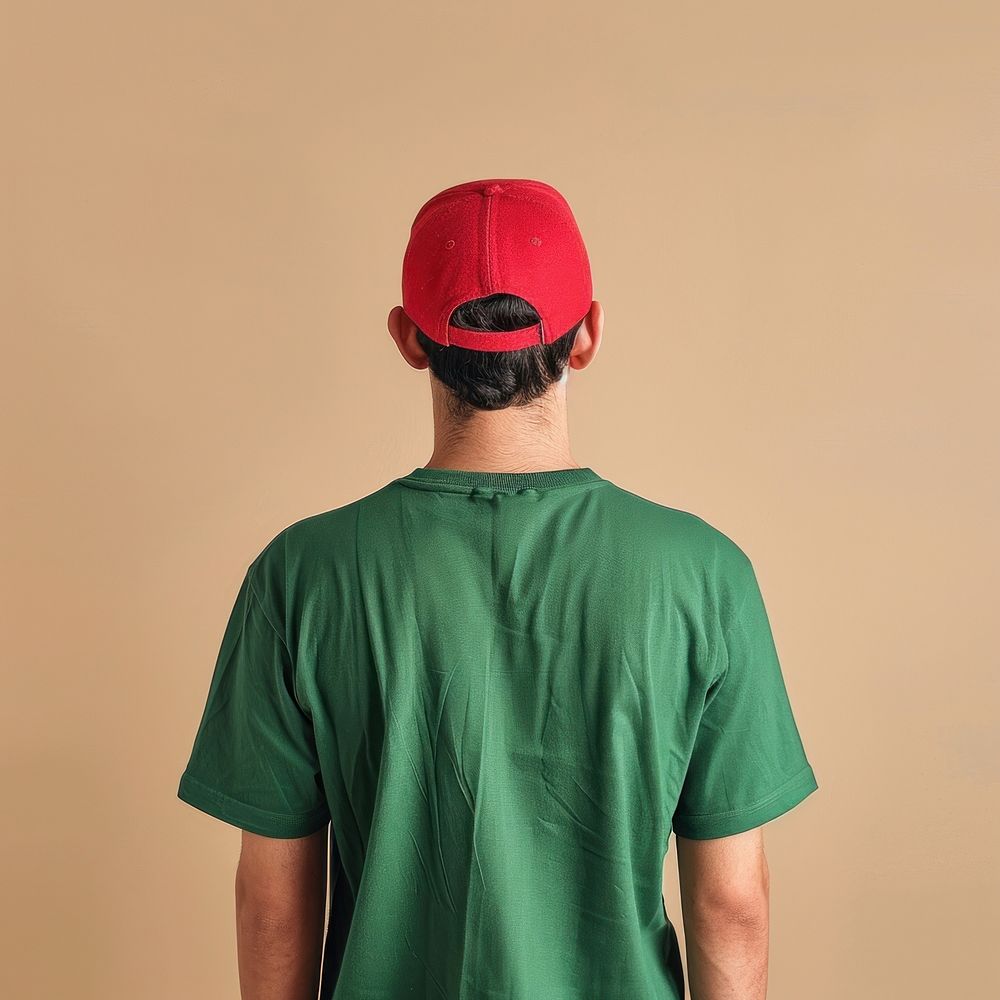 A man wear green t-shirt and red cap photo face photography.