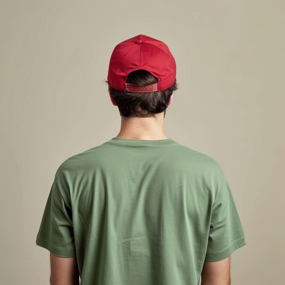 A man wear green t-shirt and red cap clothing apparel person.