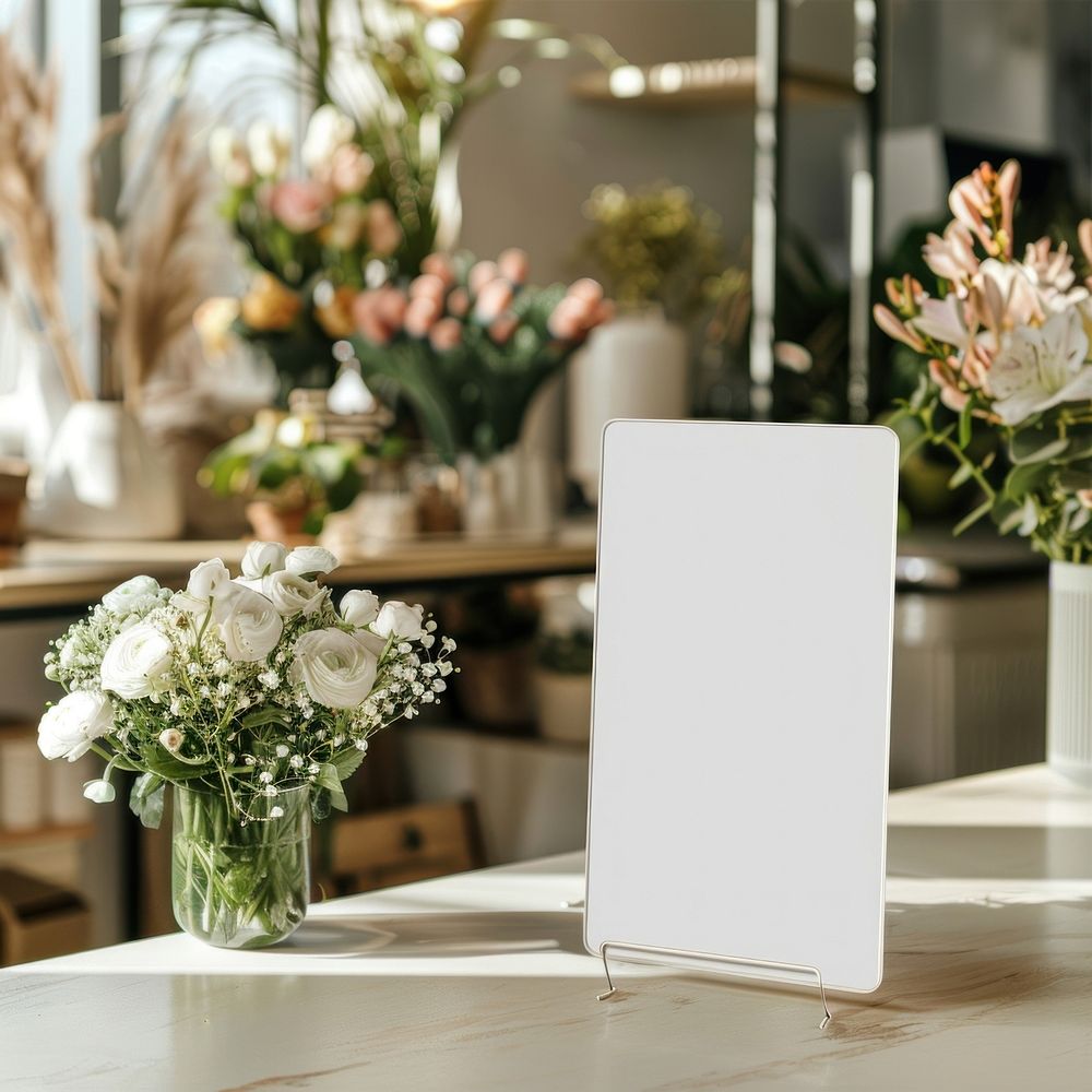 Blank white table reservation mockup flower electronics furniture.