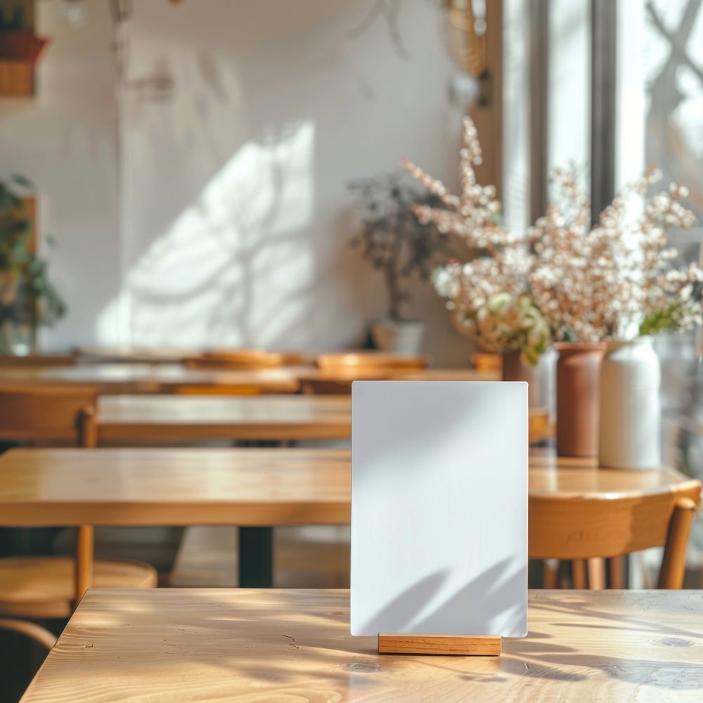 Blank white table reservation mockup wood architecture restaurant.