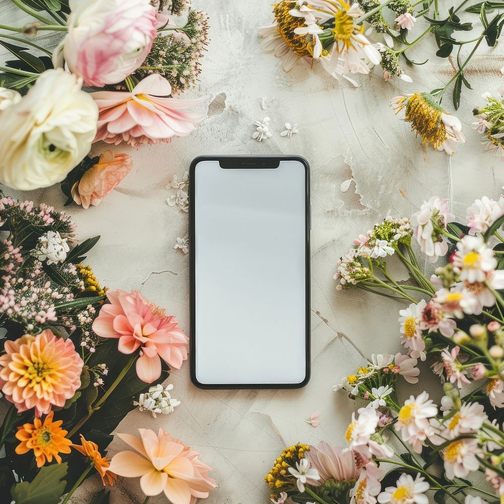 Blank smartphone mockup flower electronics blackboard.