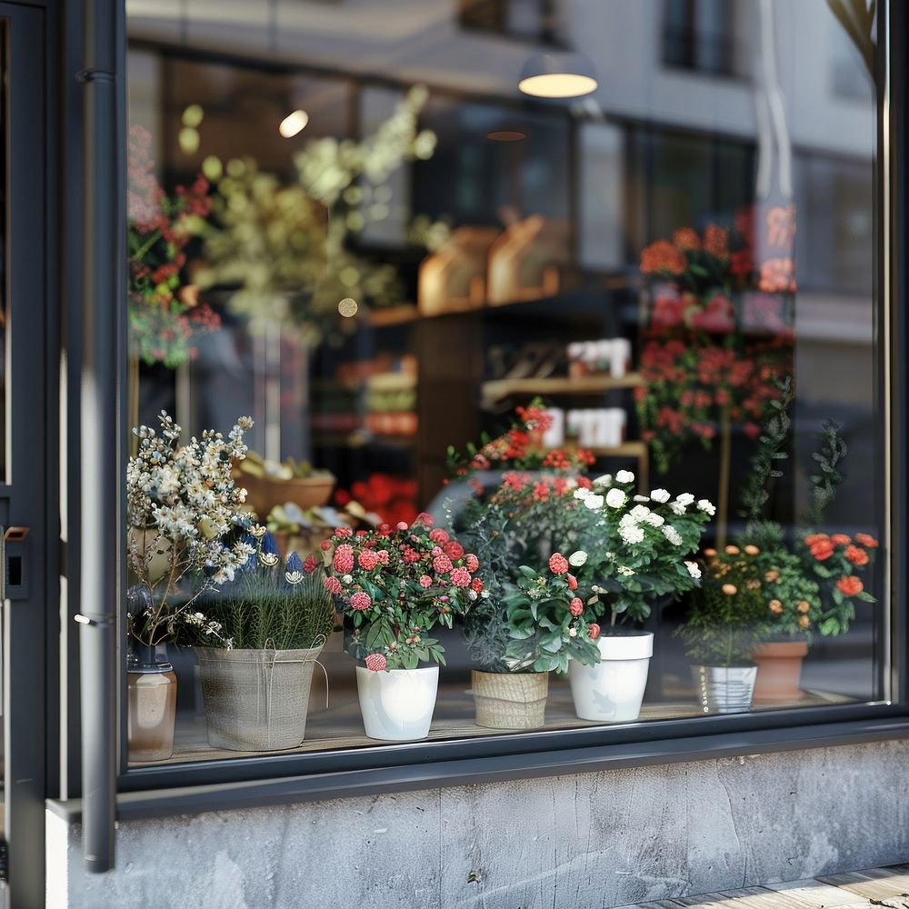 Minimal flower shop window mockup windowsill blossom plant.