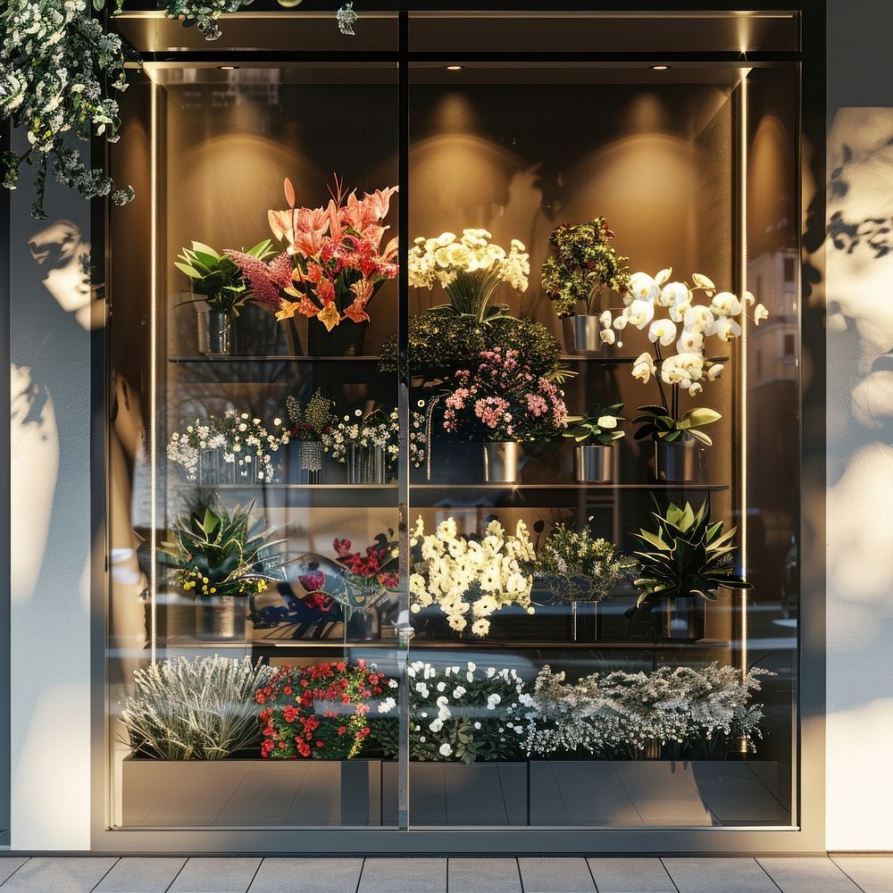 Minimal flower shop window mockup blossom person plant.