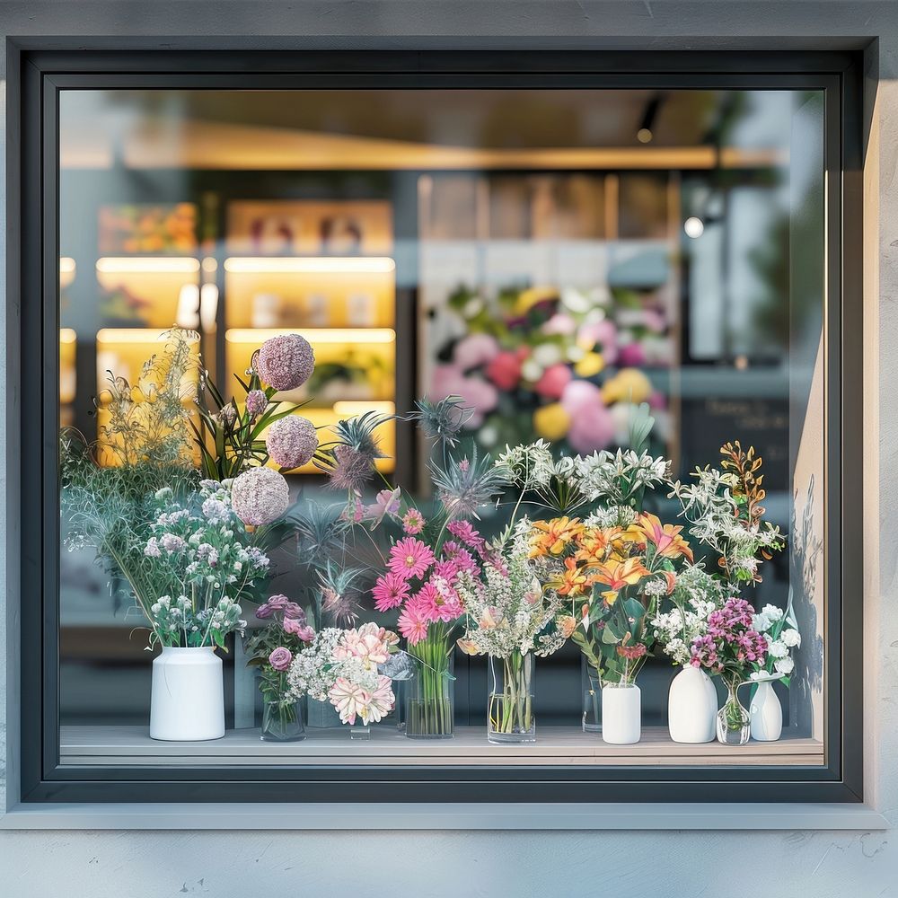 Minimal flower shop window mockup windowsill blossom plant.
