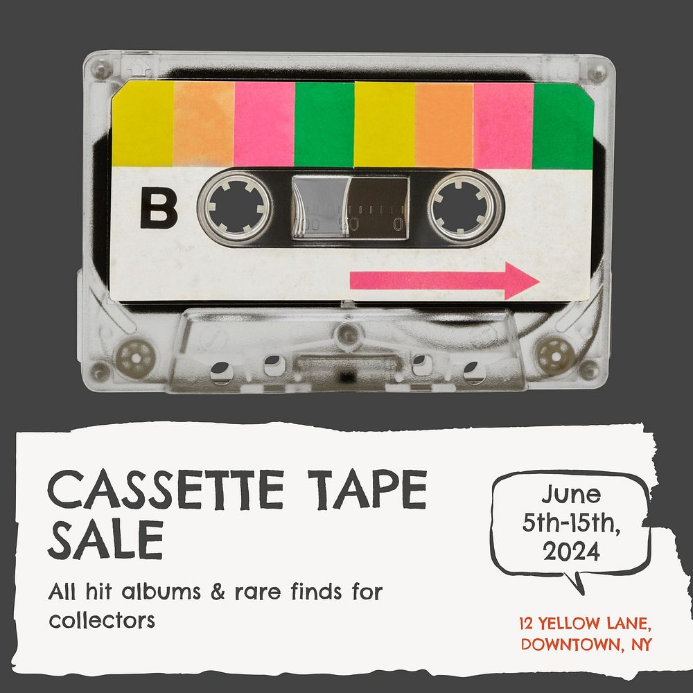 Cassette tape sale Instagram post template, editable social media design