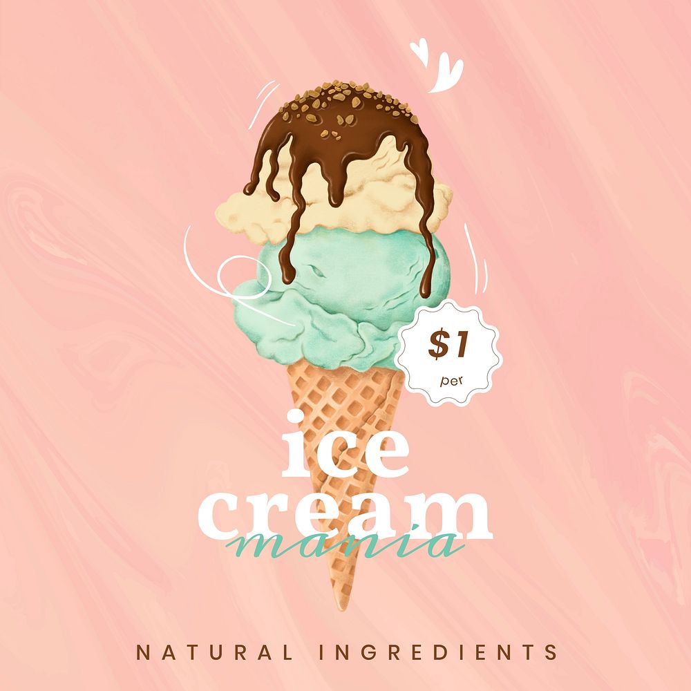 Ice-cream shop instagram post template, dessert illustration