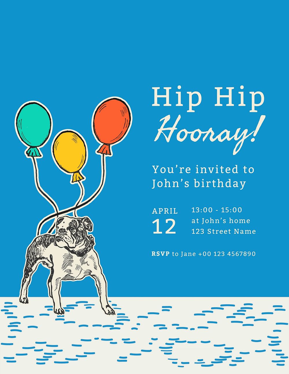 Birthday party invitation template, dog design remixed from artworks by Moriz Jung