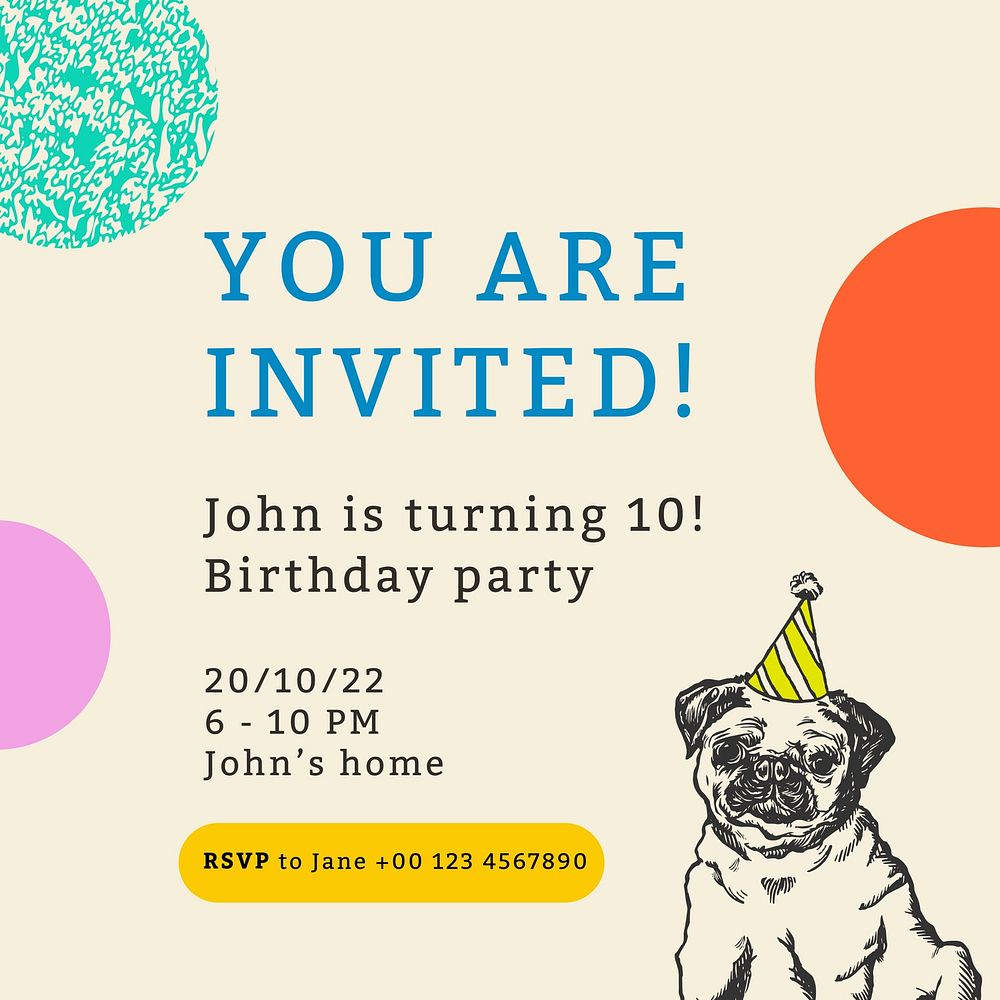 Birthday party Facebook post template, dog illustration remixed from artworks by Moriz Jung