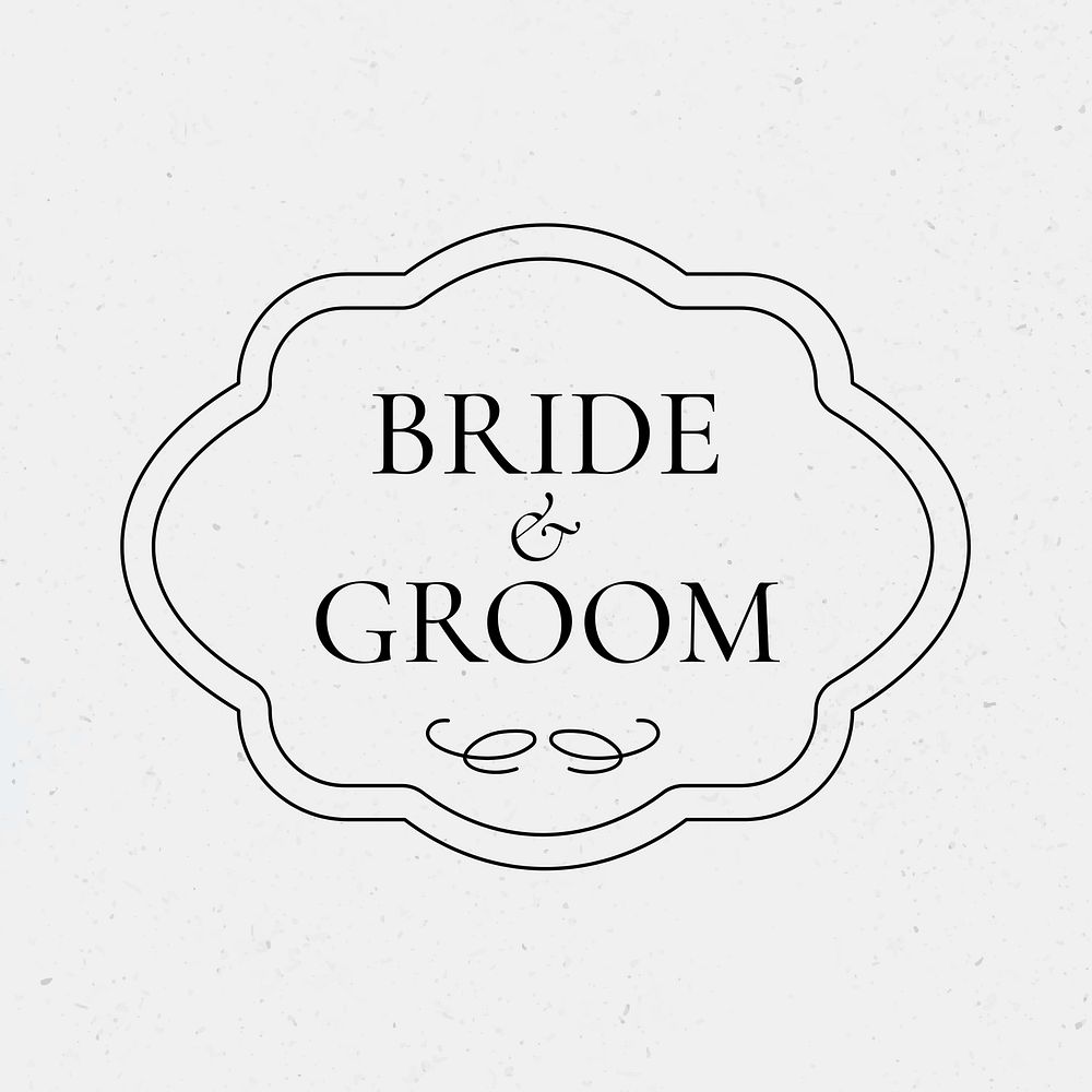 Bride and groom vintage wedding badge template on white background