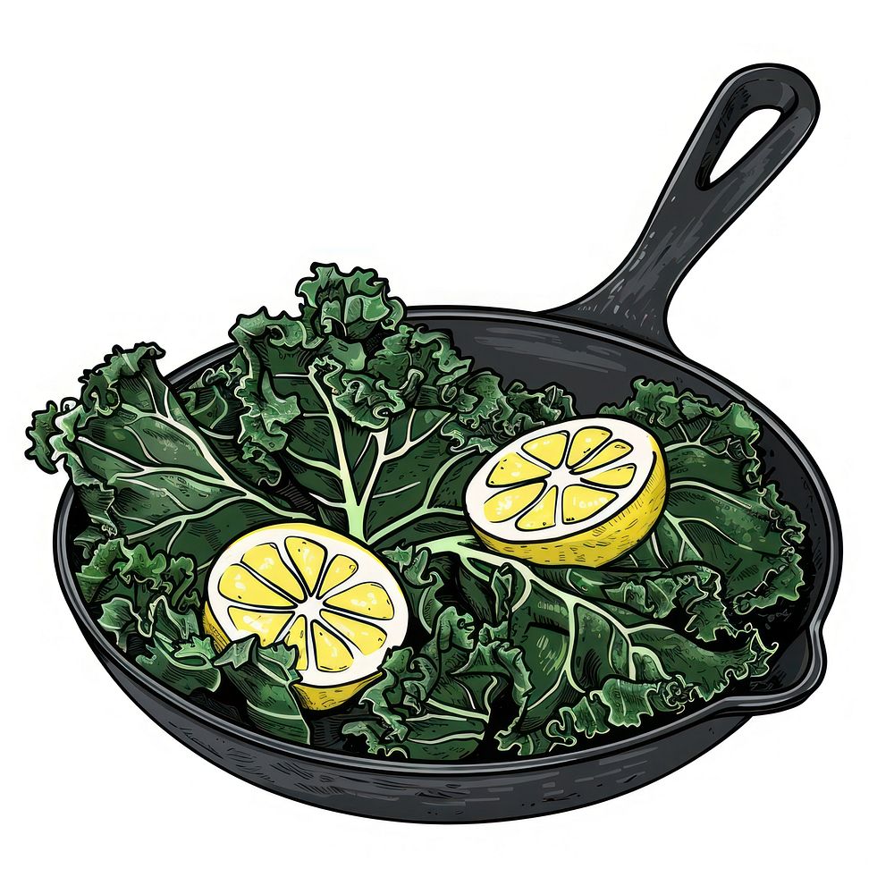 Skillet kale with lemon and garlic vegetable cookware produce.