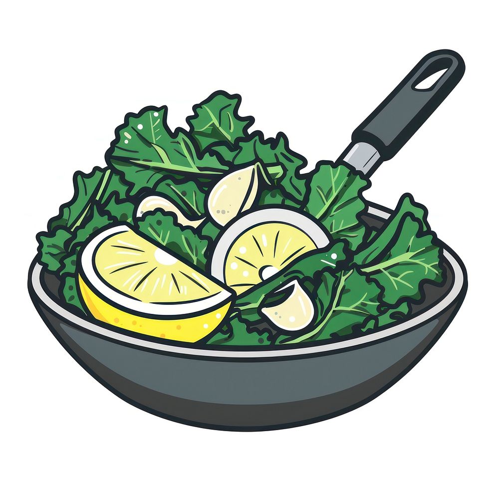 Skillet kale with lemon and garlic vegetable cookware produce.