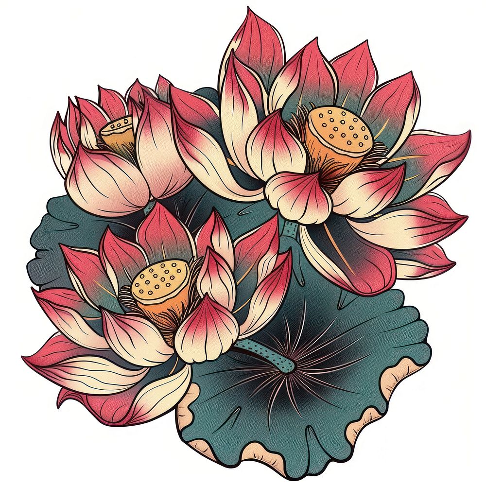 Tattoo illustration of a lotus illustrated graphics blossom.